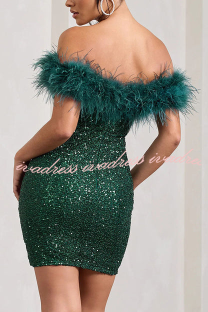 It's Show Biz Sequin Feather Trim Bodycon Mini Dress