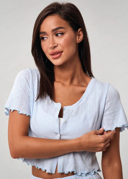 Ruffle Hem Short Sleeve Lounge Set – Light Blue