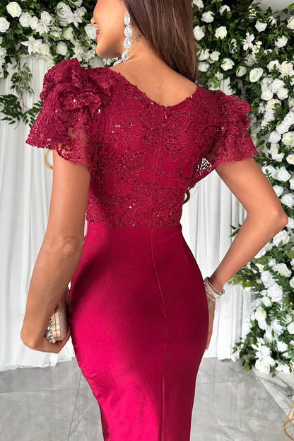 Vestido midi de ensueño con mangas fruncidas y volantes de patchwork de satén y encaje de lujo 