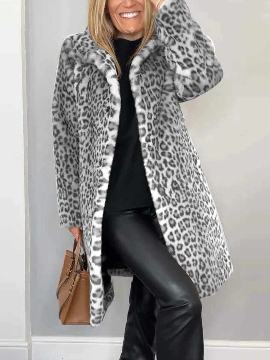 Daily Brown Leopard Turndown Collar Long Sleeve Vintage Faux Fur Coat