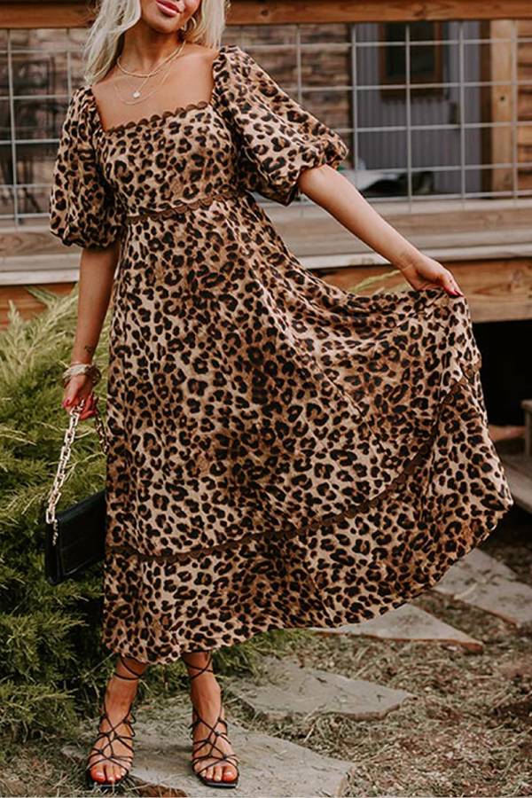 Vestido largo Ricrac con mangas abullonadas y estampado de leopardo marrón