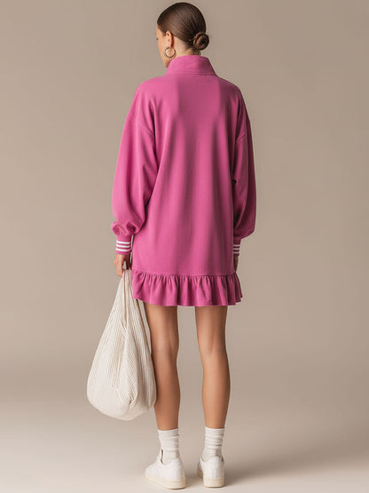 Sporty Retro Pink Cotton Half-Zip Ruffle Sweatshirt Mini Dress