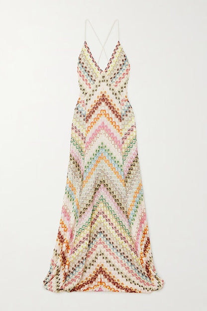 Missoni Summer Knit Colorful Herringbone Print Open Beck Maxi Dress