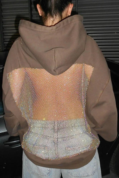 Fashionable Shiny Mesh Hollow Back Loose Long-sleeved Hooded Sweatshirt