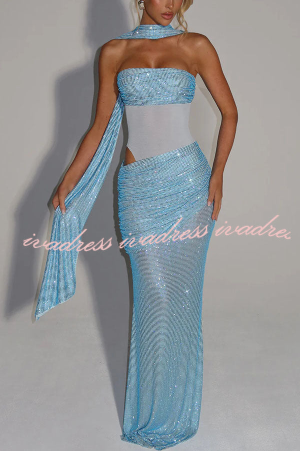 Kailani Sequin Strapless Mesh Cutout Waist Ruched Scarf Maxi Dress