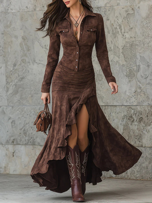 Party Brown Shirt Collar Long Sleeve Asymmetric Hem Western Mermaid Chamois Maxi Dresses