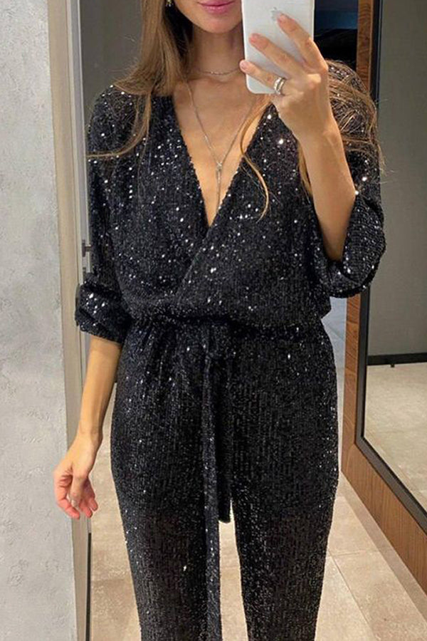 Cheers To You Sequin Long Sleeve Belted Wrap Loose Jumpsuit