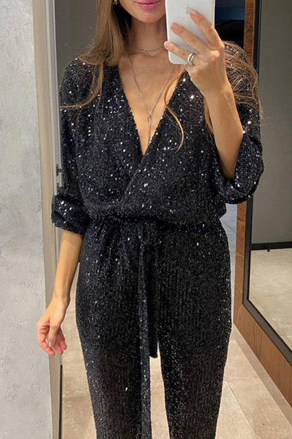 Cheers To You Sequin Long Sleeve Belted Wrap Loose Jumpsuit