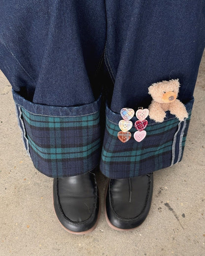Check Patch Roll Up Denim Pants