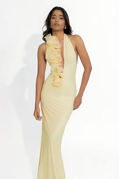Asymmetry Lemon 3D Floral Halter Maxi Dress