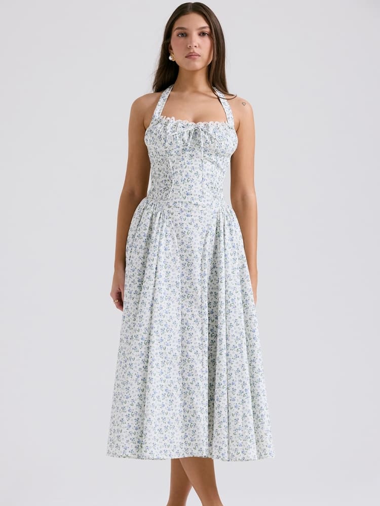 White Halter Backless Dress with Bluebell Floral Print