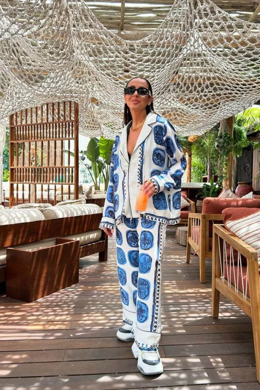 Artistic Blue Floral Collared Set