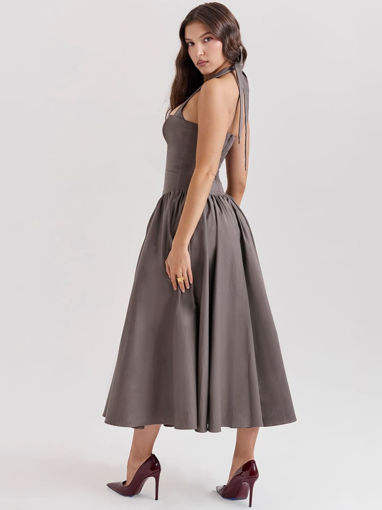 Halter Neck Midi Dress with Side Slit - Smoky Gray