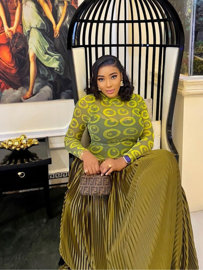 Mesh Panel Retro Pleated Maxi Dress