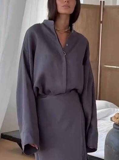 Stand Collar Shirt And Lace-up Skirt Suit