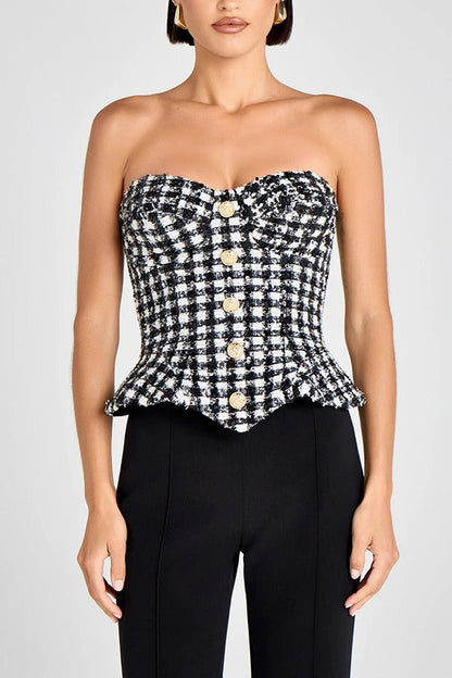 Chanel-style patterned tube top with waist
