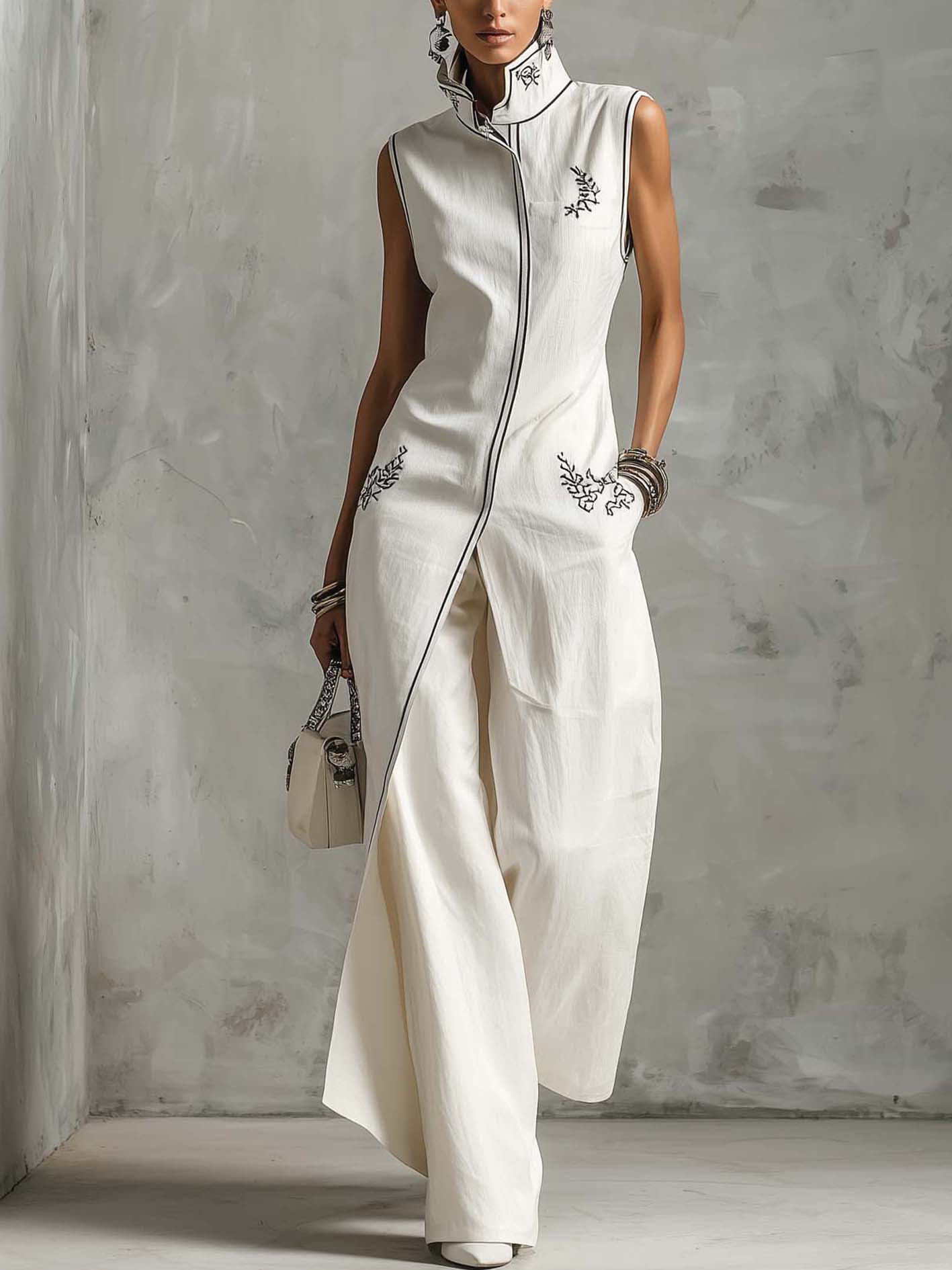 White Linen Cotton Two-Piece Set With Black Vintage Embroidery And Trim