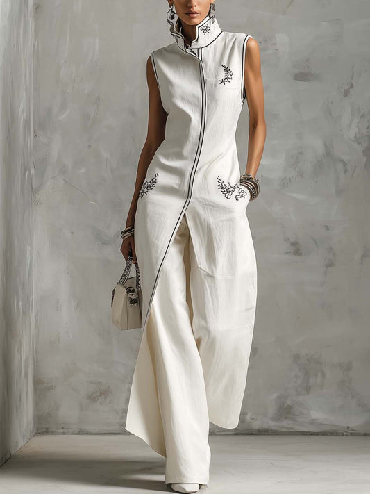 White Linen Cotton Two-Piece Set With Black Vintage Embroidery And Trim