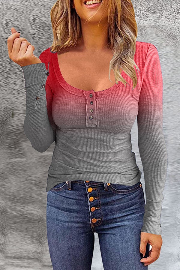Gradient Round Neckline Long Sleeve Blouses
