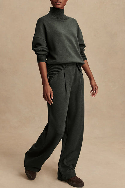 Barker High-Neck Long Sleeve Side Zipper Sweatshirt and Elastic Waist Pocketed Loose Pants Set
