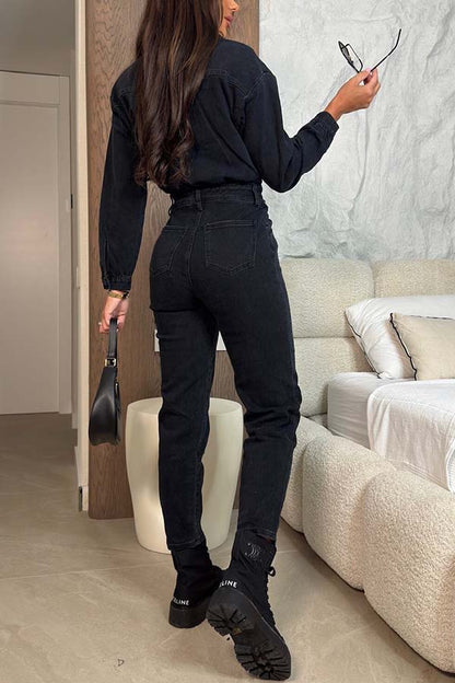 Downtown Diva Denim Button Up Long Sleeve Pocket Shirt Overalls Jumpsuit
