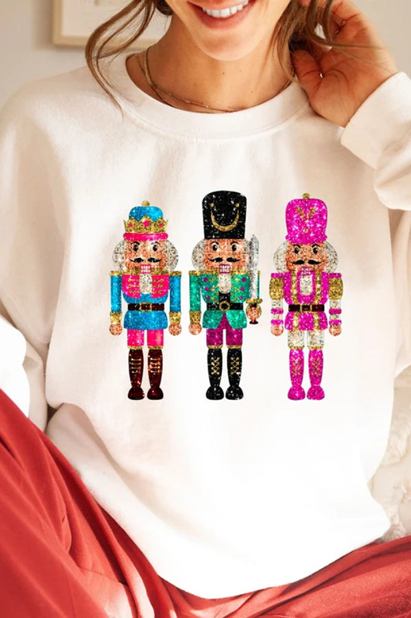 Christmas Soldier Sequin Loose Crew Neck Long Sleeve Sweatshirt