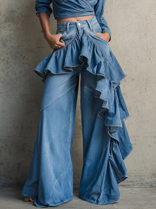 sheenchic Vacation Blue Ruffle Western Pocket Tencel Denim Jeans [Pre-Order]