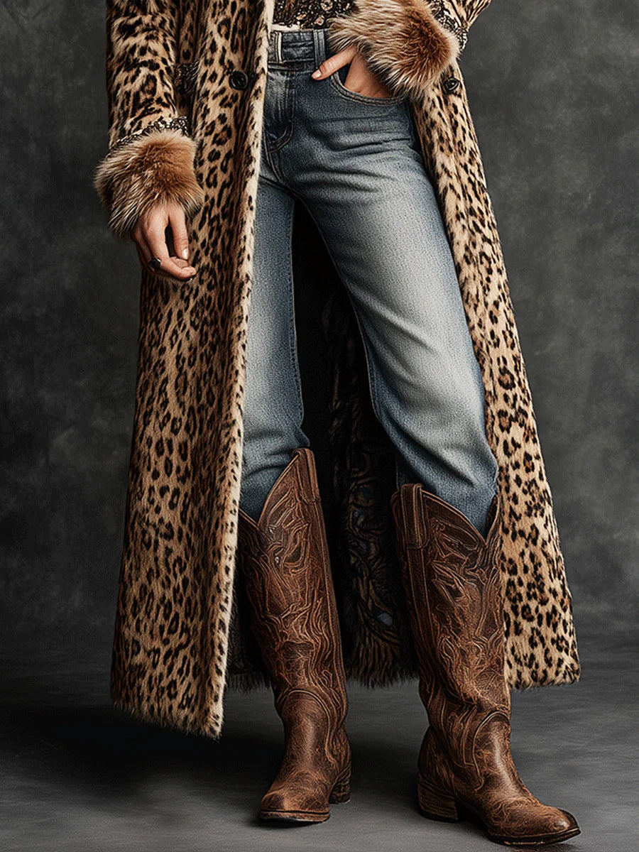 sheenchic Daily Brown Turndown Collar Long Sleeve Contrast Vintage Faux Fur Coat
