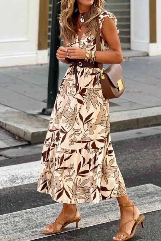 Brown Ruffled V Neck Leaves Print Long Dress