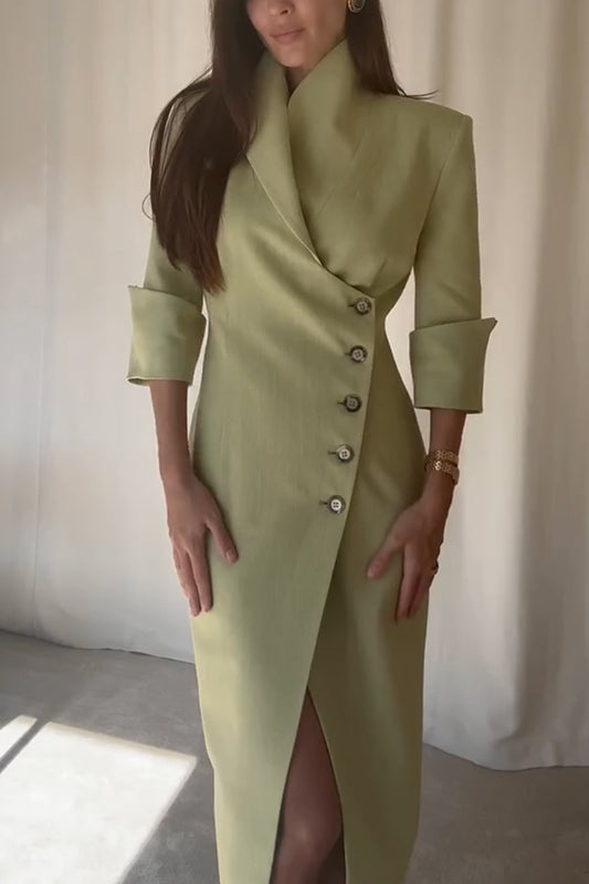 Elegant Look Linen Blend Stand Lapel Neck Half Sleeve Side Button Midi Dress