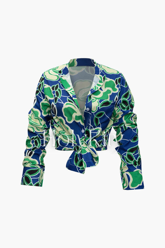 Printed Long Sleeve Chest Pocket Shirt And Drawstring Tie Pants Set