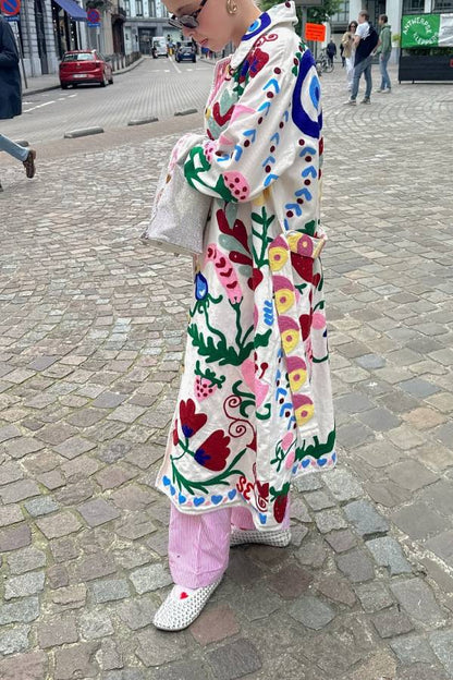 Fashion Fruit Print Long Coat Cherry Trench Coat