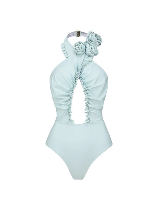 Halter Backless Swimsuit with 3D Floral Set