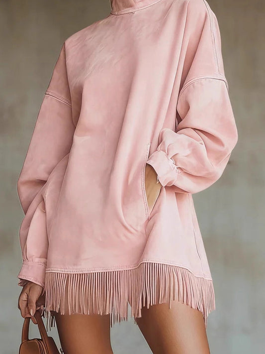 Festival Pink High Collar Lantern Sleeve Long Sleeve Strappy Western Chamois Mini Dresses