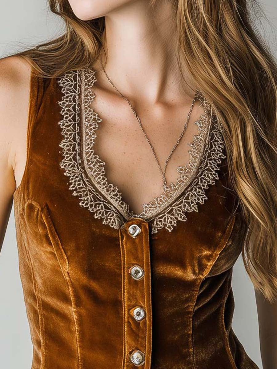 Daily Brown V Neck Button Vintage Contrast Velvet Vest
