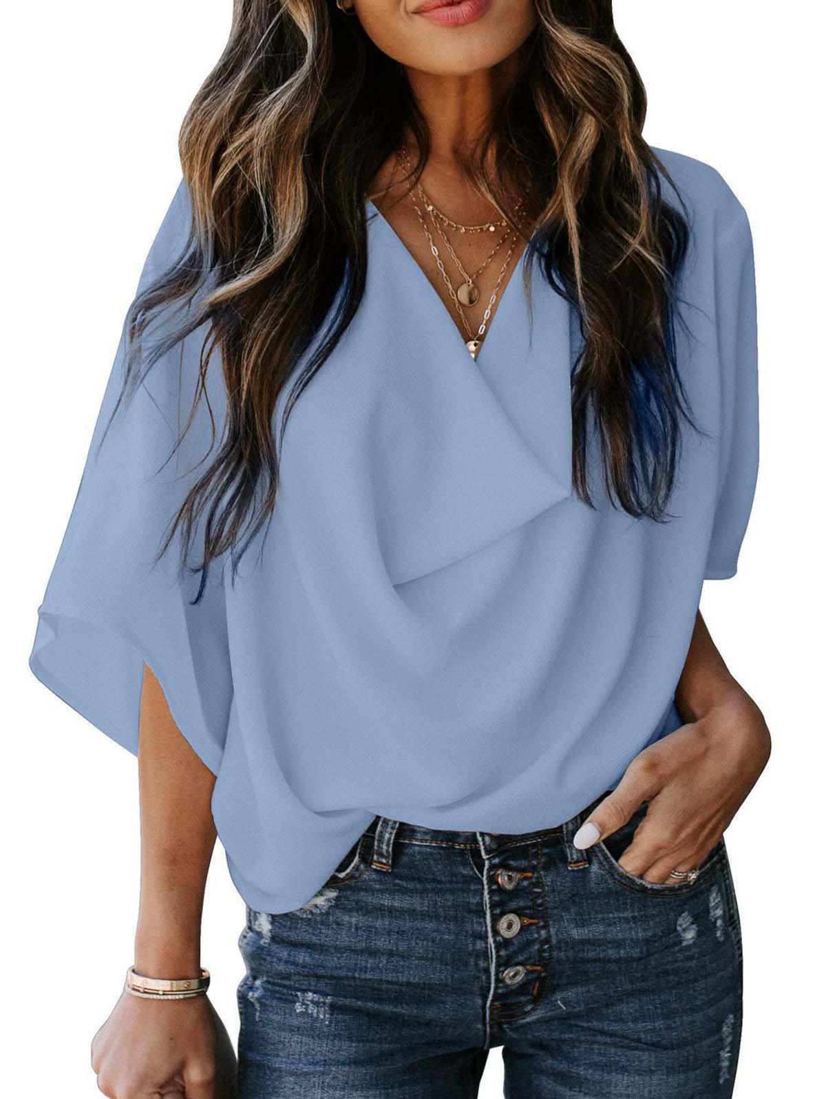 Solid Drape Neck Casual Chiffon Top
