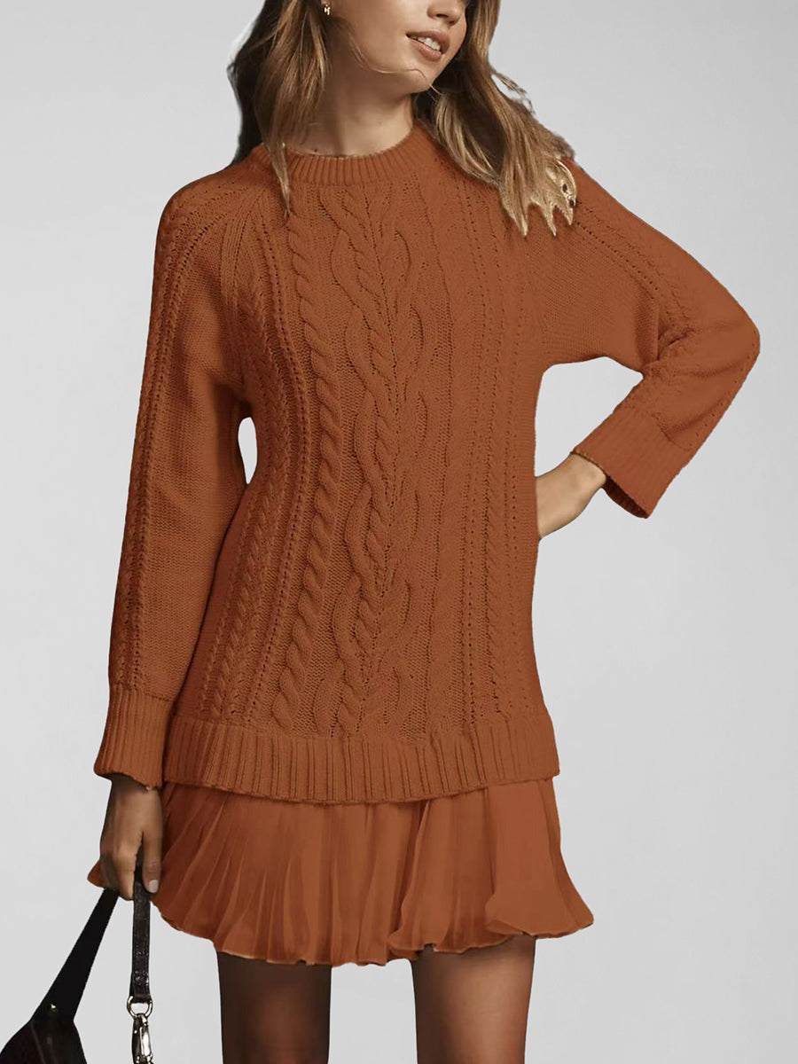 Daily Chiffon Beige Round Neck Long Sleeve Contrast Casual Knitted Mini Dresses