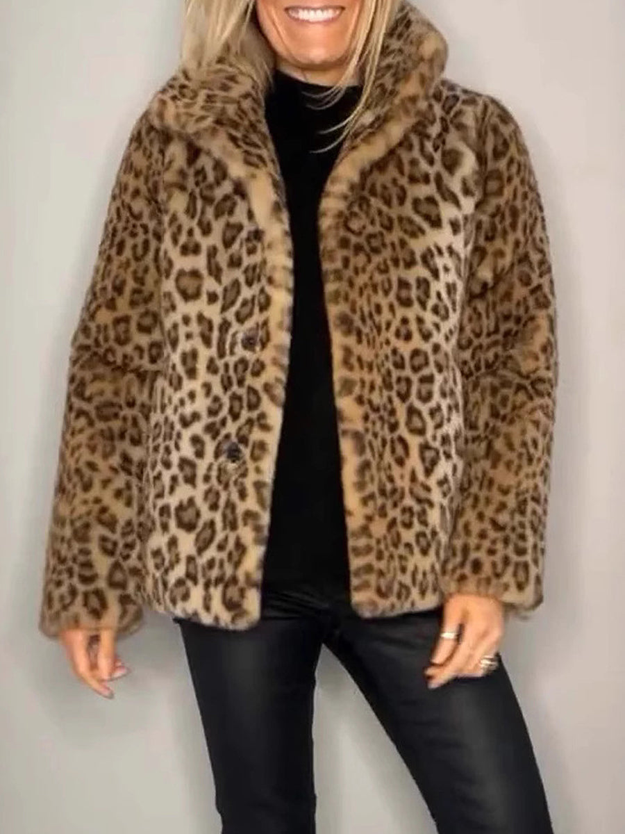 Daily Brown Leopard Turndown Collar Long Sleeve Vintage Faux Fur Coat
