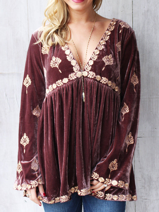 Daily Floral Deep V Neck Ruffled Velvet Blouse