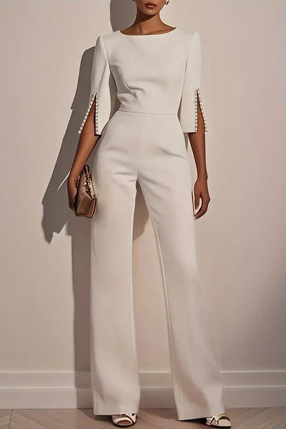 Solid Color Round Neck Beaded Decoration Slim Fit Casual Jumpsuit