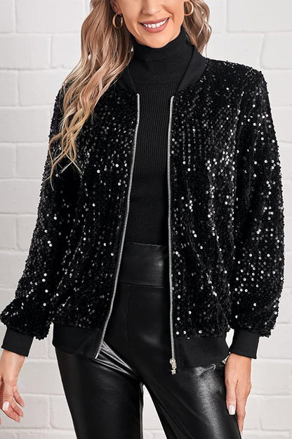 Fashionable Sequined Long-sleeved Zip-up Casual Jacket