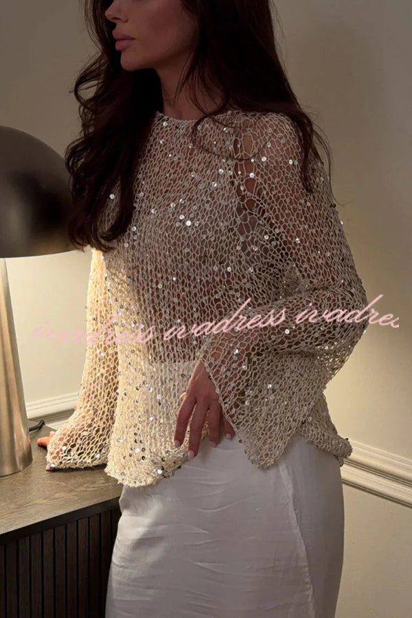 Fashion Sequined Hollow Long Sleeve Loose Knit Top