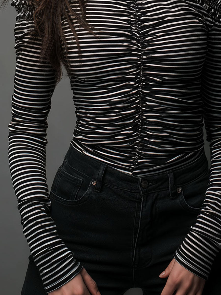 Classic High Neck Striped Cold-Shoulder Ruched Top