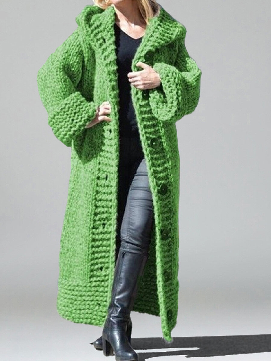 Daily Green Hooded Long Sleeve Crochet Casual Button Knitted Cardigans