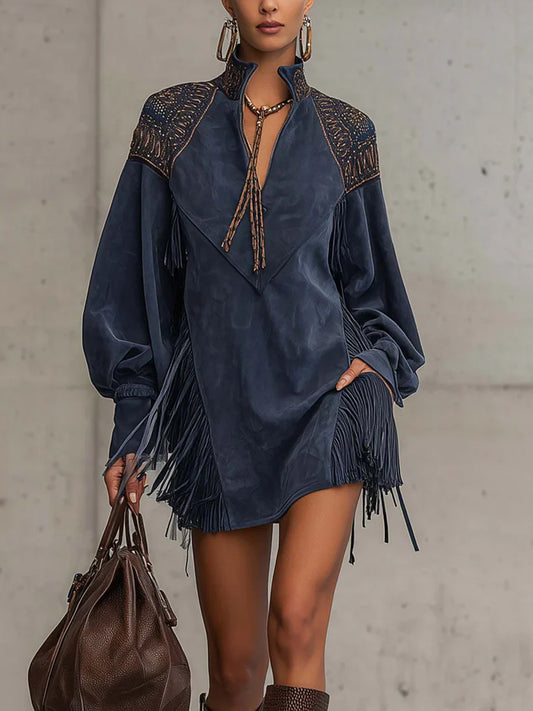 Festival Navy Blue V Neck Lantern Sleeve Long Sleeve Strappy Western Embroidery Chamois Mini Dresses