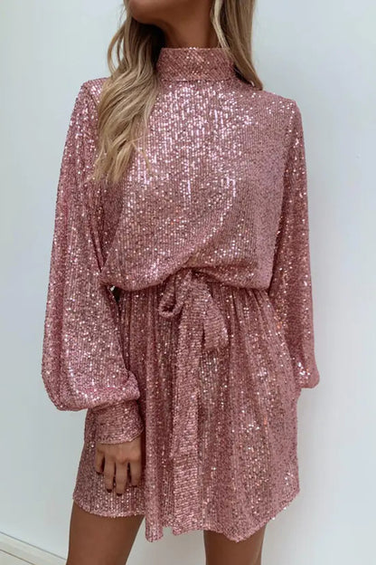 Fashionable Sequined Long-sleeved Belted Casual Mini Dress