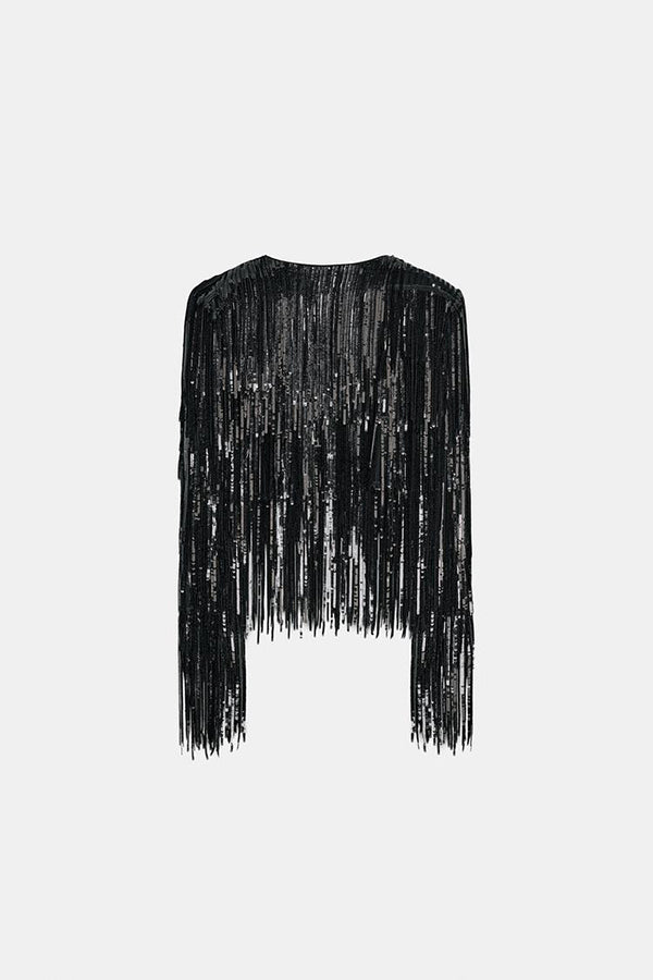 Party Crasher Layered Sequined Tassels Long Sleeve Loose Jacket