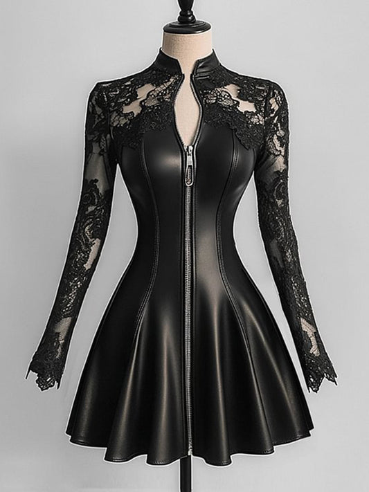 sheenchic PU Leather Lace Long Sleeve Zipper Mini Dress