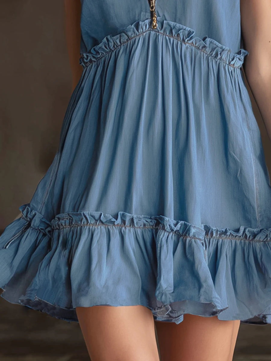 sheenchic Vacation Light Blue Stand-Up Collar Zipper Sundress Ruffle Tencel Denim Mini Dresses [Pre-Order]