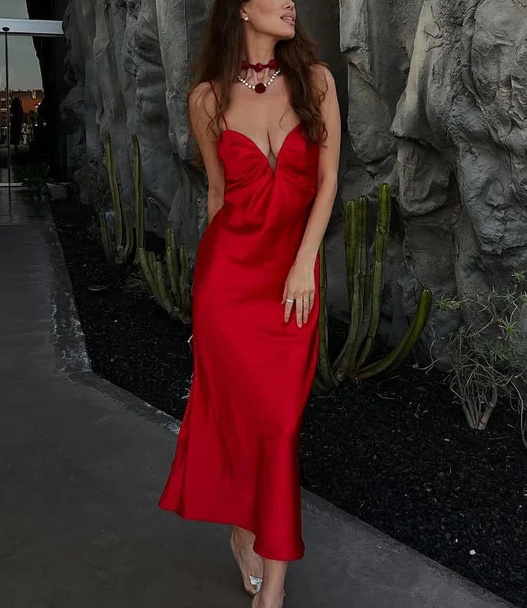 Spaghetti Strap Red Solid Dress